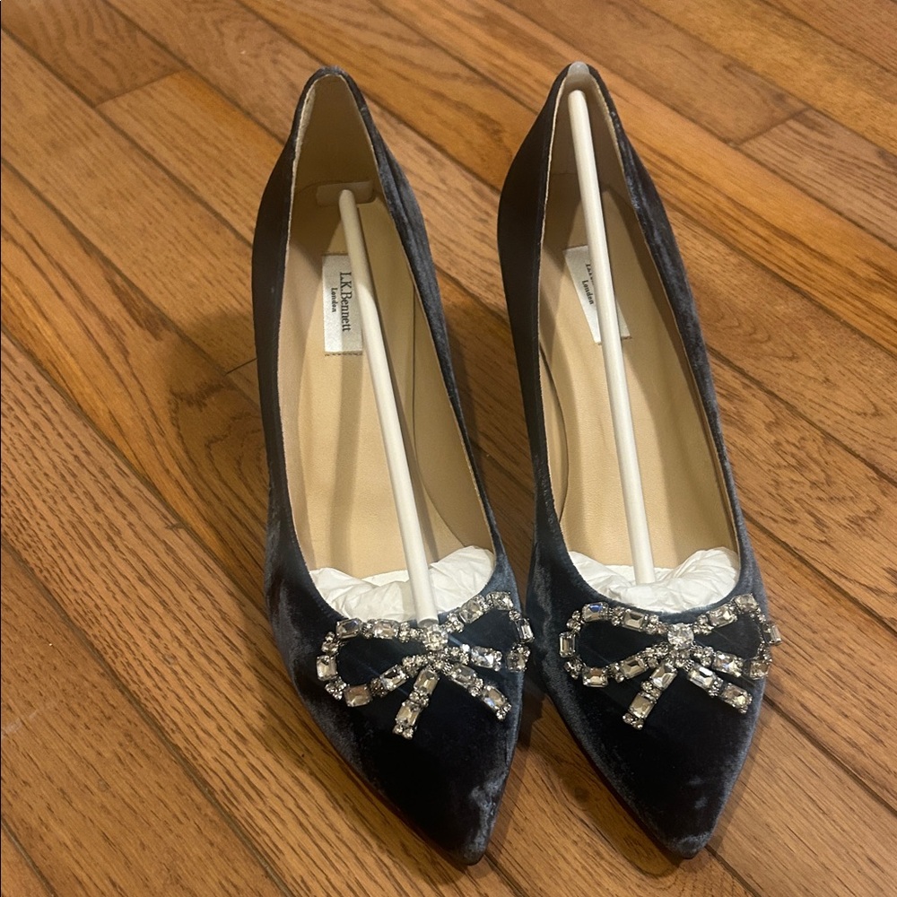 LK Bennett Navy Velvet Heels with Crystal Bow